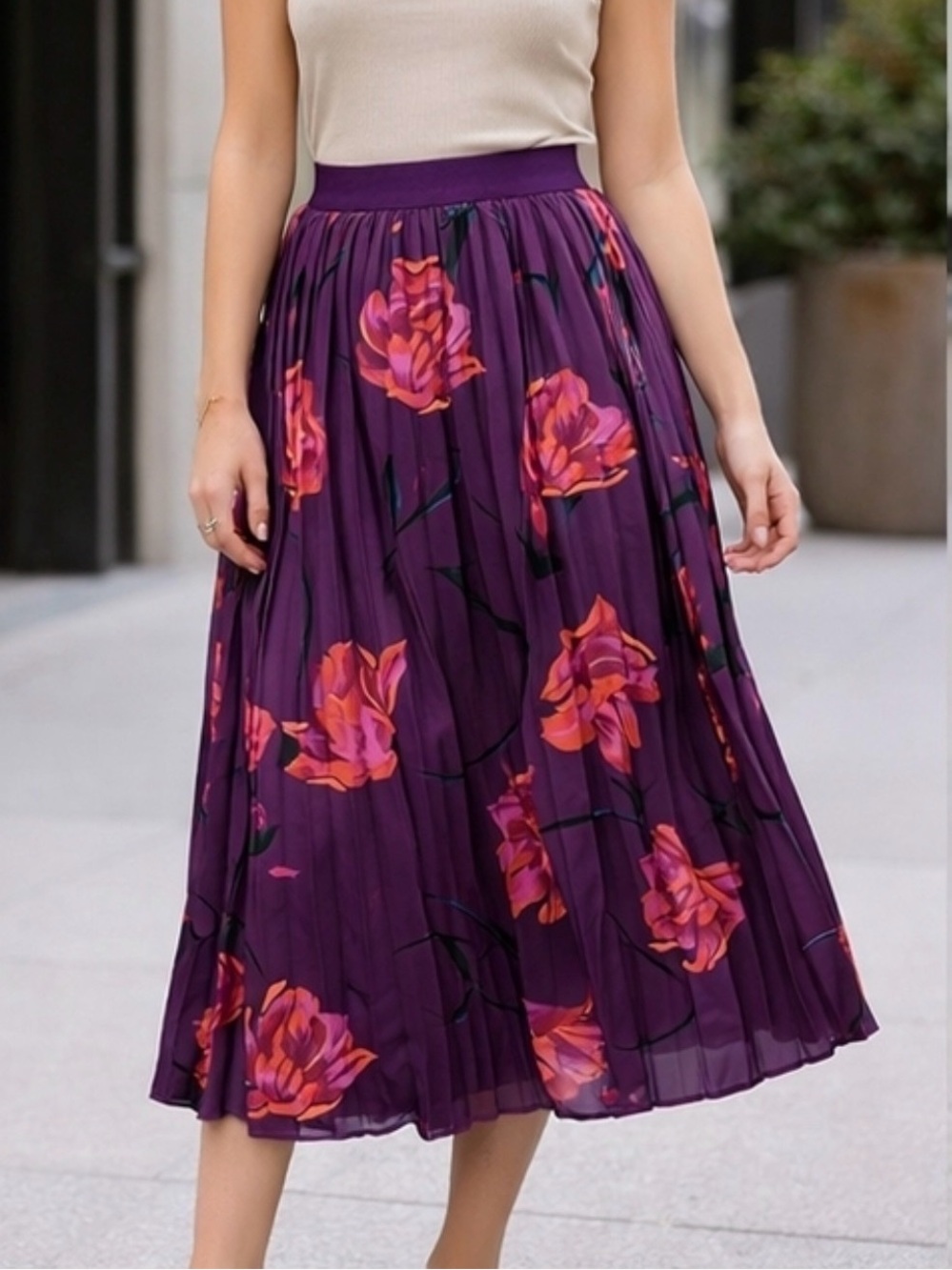 a new day Purple Floral Pleated Maxi Skirt with Red-Orange Blooms